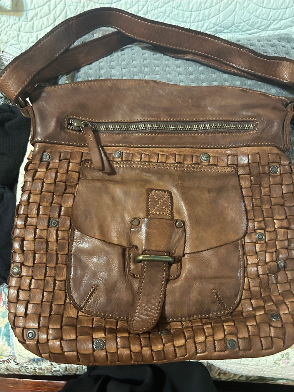 Brown Woven Leather Shoulder Bag